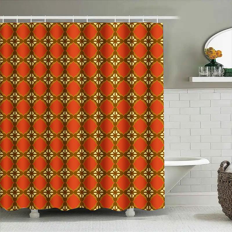 Vintage Retro Shower Curtain Geometric Floral Print Design For Bathroom Decor Home Accessories In Orange Gold Color (180 X 180Cm