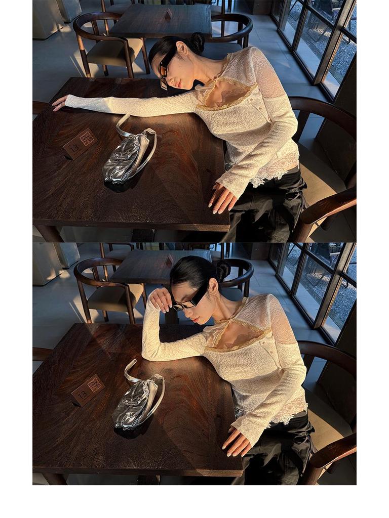 9-Hour Pure Desire Lace Patchwork Women's T-Shirt, Spring 2026 Jacquard Long-Sleeve Inner Top C3087