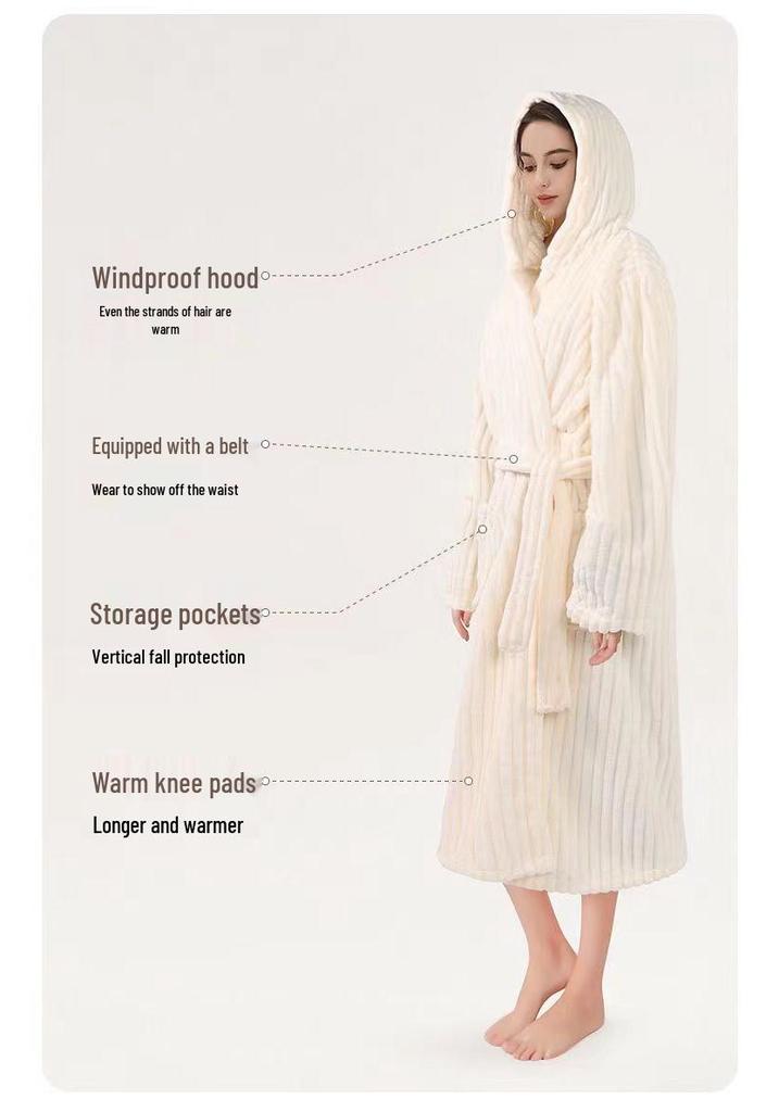 Candy Stripe Coral Fleece Hooded Bathrobe: Quick-Dry, Breathable, Skin-Friendly, and Warm.