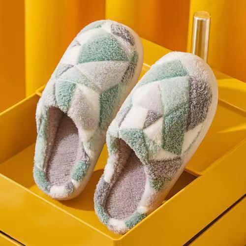 Winter Cotton Drag Women's Indoor Household Warm Fleece Non-slip Color Matching Plush Cotton Shoes Comfortable Home Cotton Slippers