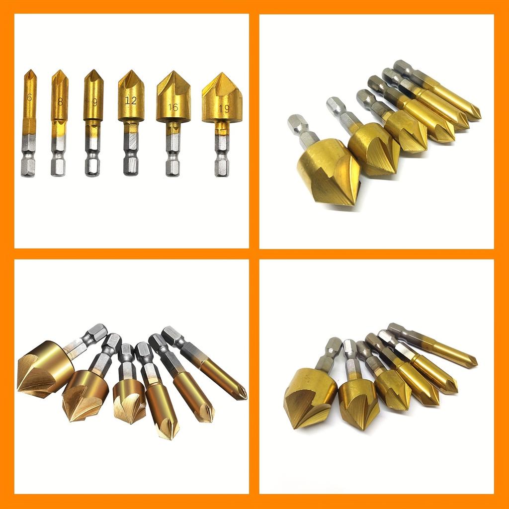 6pcs Hexagonal Handle Titanium Plated Five Edge Chamfer for Reaming and Chamfer Woodworking Drill Set Made of High Speed