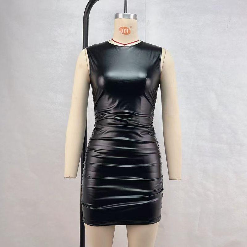 

Western Style New Sexy Slim fit Sheath PU Leather Dress round Neck PU Leather Dress Black L
