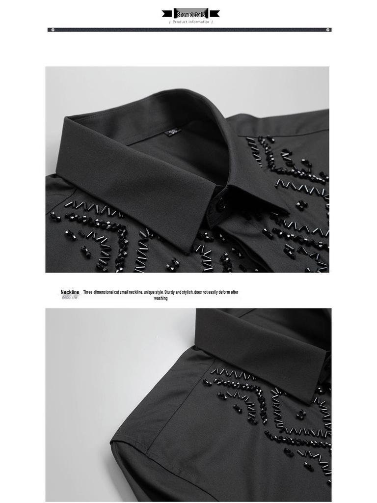 Men's Handcrafted Elegant Black Geometric Beaded Long Sleeve Shirt