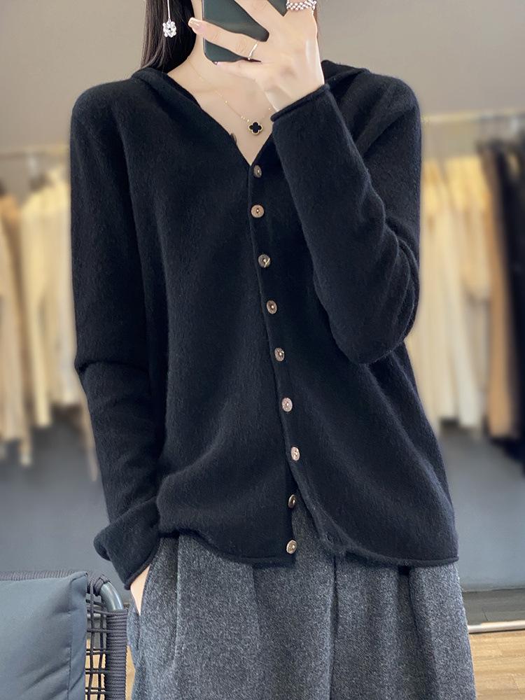 Literary Coconut Button Hooded Wool Cardigan - Seamless, Versatile, Thin Jacket for 2026