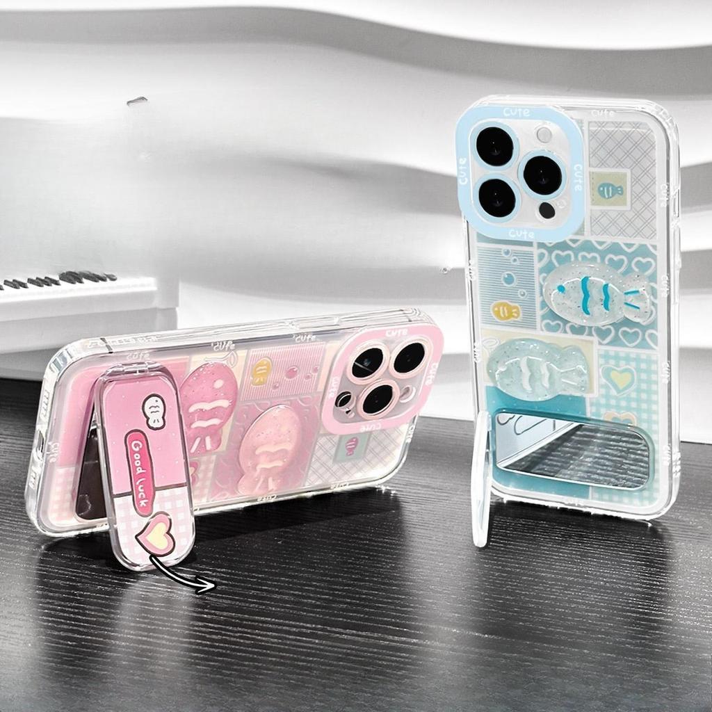 Three dimensional Cute Little Fish Suitable for Apple 16promax Phone Case Mirror Stand Iphone15 Full Package Protective Case