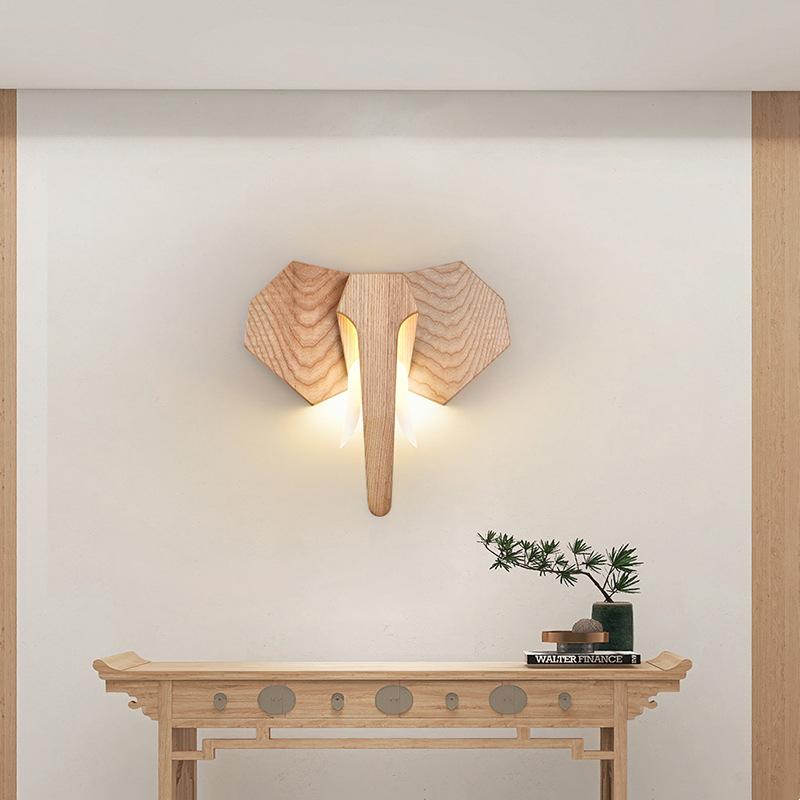 Nordic Wooden Elephant Head LED Wall Lamp Minimalist Ash Wood Animal Wall Sconce Light Bedroom Corridor Loft Decoration Lighting
