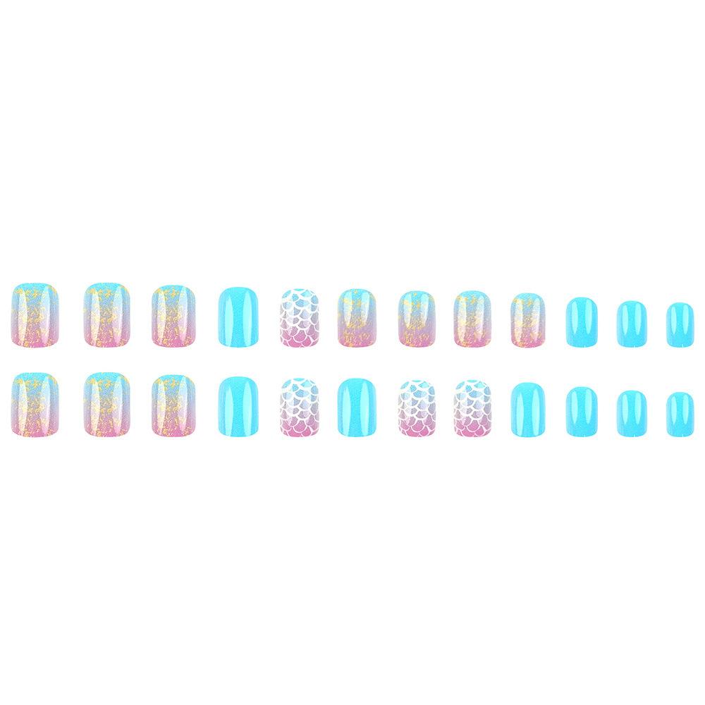 24Pcs Medium Square Nail Tips Summer Nail Press On Acrylic Nails Fashion Gradient Glitter Fish Scales Pattern Fake Nails Manicure For Women