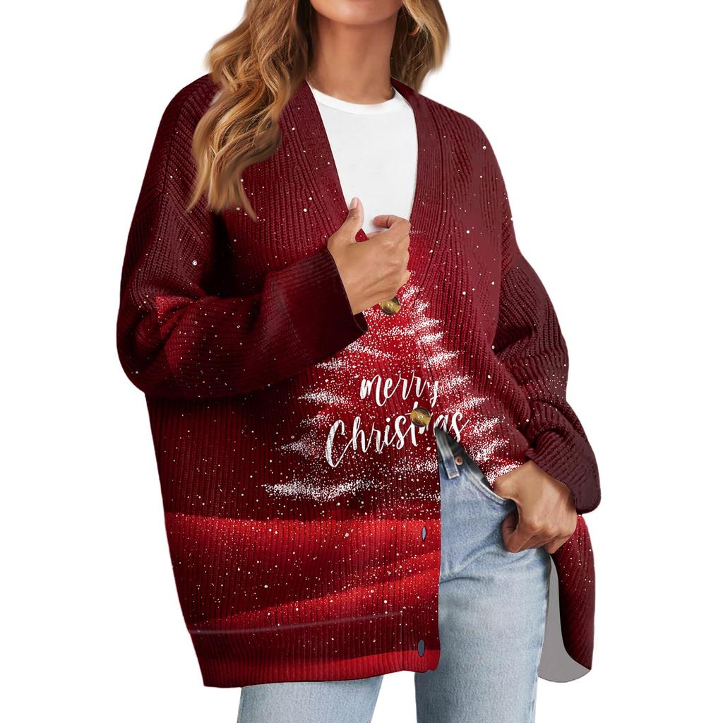 Women's Fashion Long Sleeve Christmas Print V-Neck Button Loose Cardigan Top