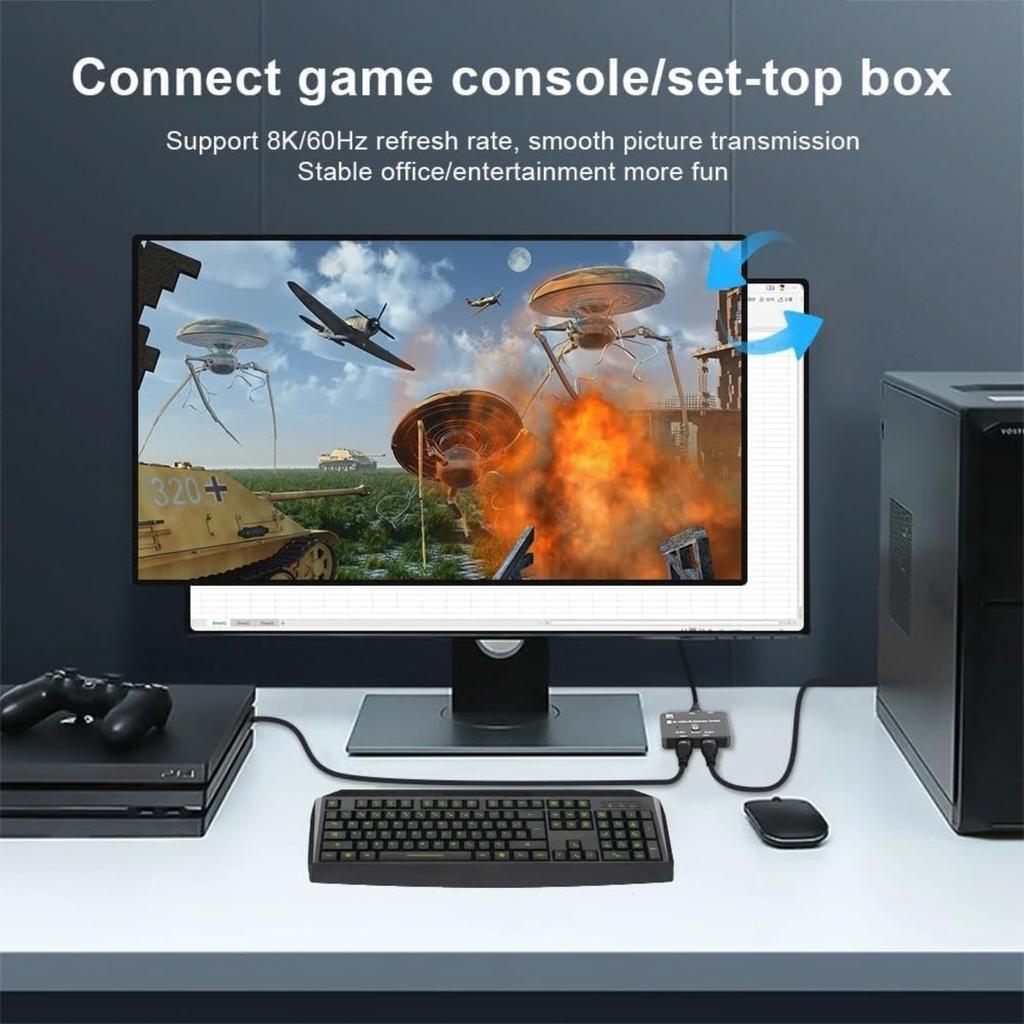 8K HDMI 2.1 Switch Splitter, 2 In 1 Out Bi-Directional Switcher Supported 4K@120Hz 8K@60Hz Aluminum HDMI Switch for PS5 Xbox