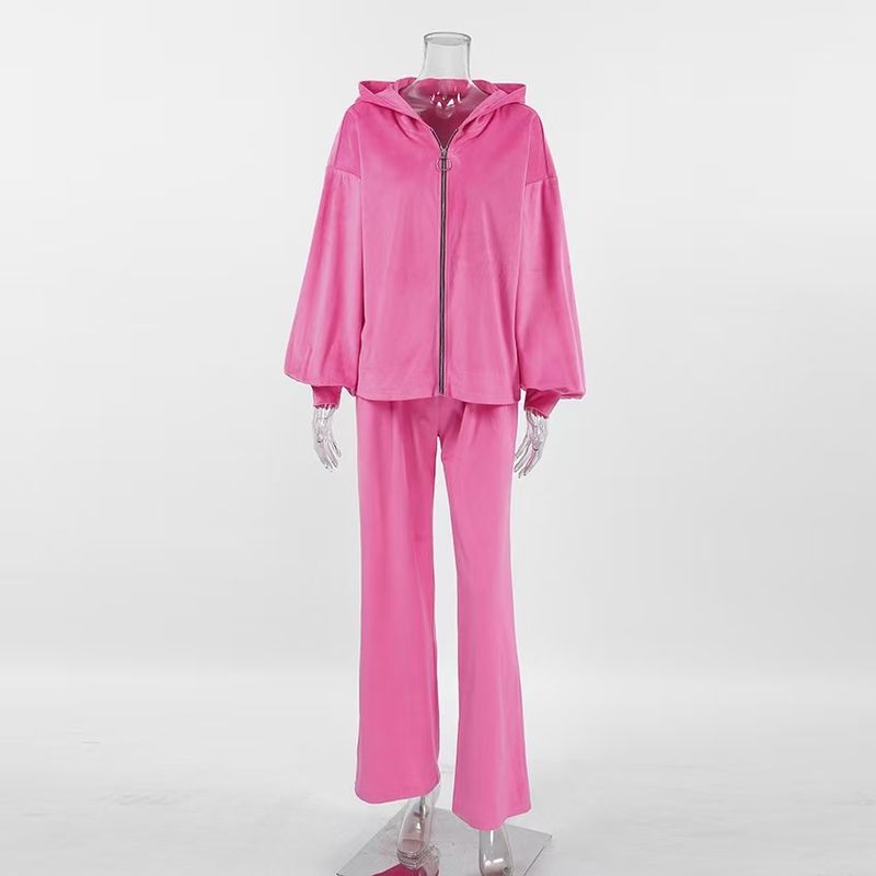 

Европейский и американский осенний повседневный велюровый худи с длинным рукавом и брюки, комплект с капюшоном Pink L