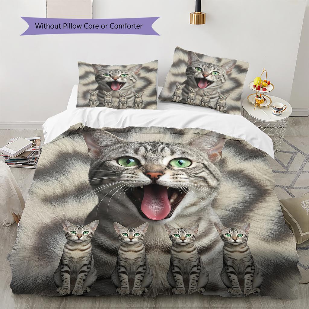 Cute Cat 3D Pattern Bedding Quilt Set Quilt Cover Pillowcase Home Decoration Gift (1 * duvet cover + 2 * pillowcase, without core)