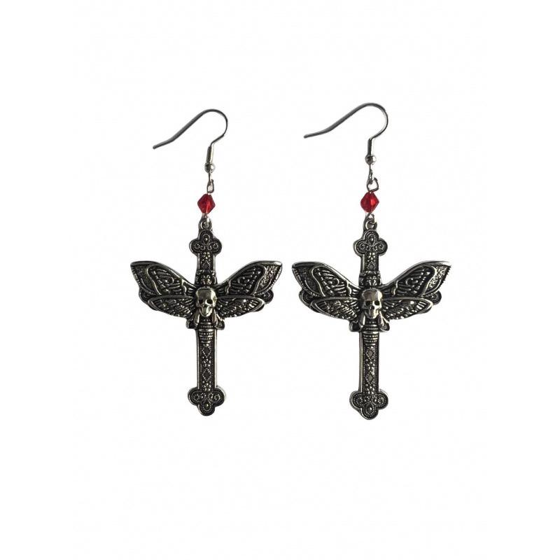 Dark Punk Gothic Moth Cross Earrings: European & American New Exaggerated Design