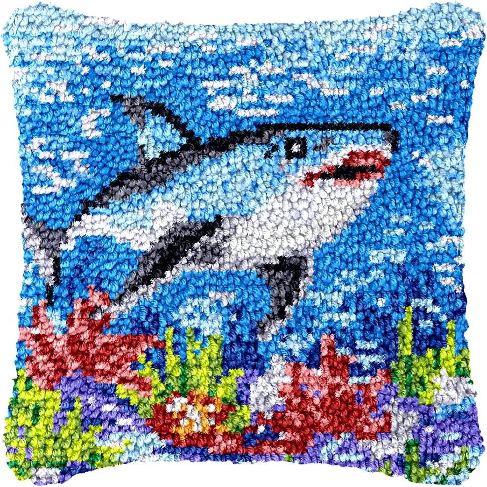 Sea Shark Latch Hook Pillow Kit for Adults Throw Pillow Cover with Printed DIY Canvas Crochet Yarn Needle Craft Easy Handmade Cushion for Home Sofa
