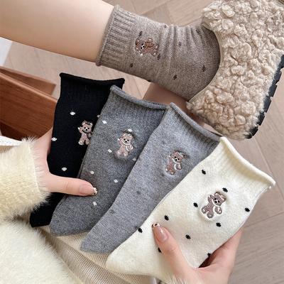 Socks Tide Cute Embroidered Bear Wool Warm Medium Tube Socks Stacking Socks