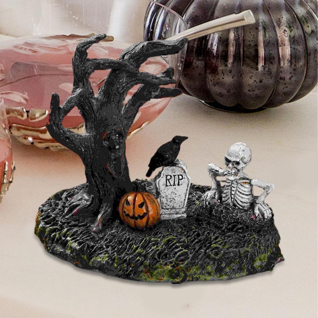 Halloween Statues Decor Tree Skull Pumpkin Crow Tombstone Ornaments Resin Gothic Statue Ornaments Decor for Indoor Home
