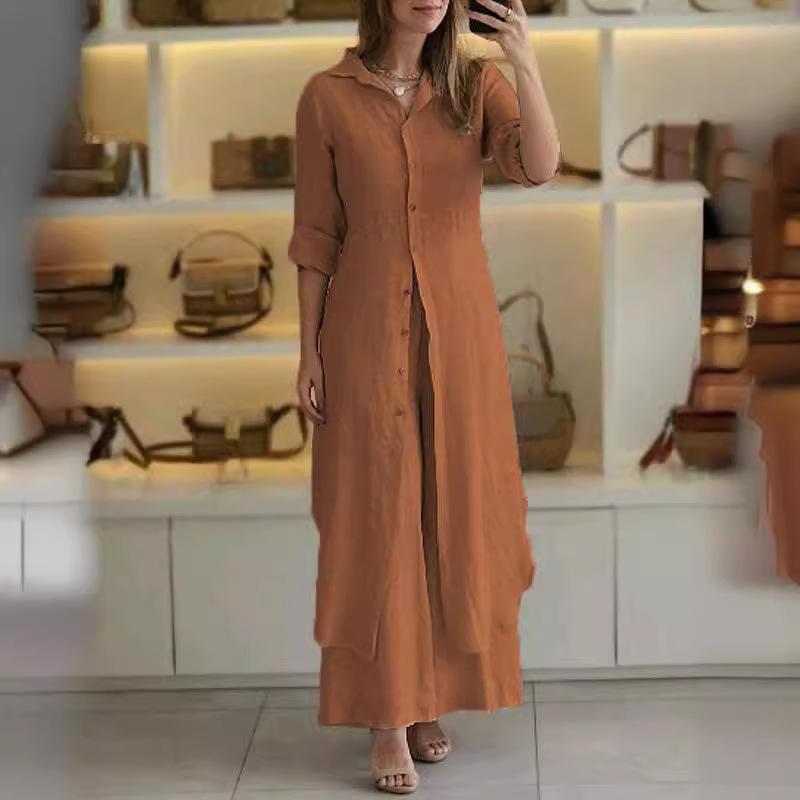 Elegant Cotton Linen Slim Fit Long Shirt Wide Leg Pants Set Women's Fashion Autumn Collection Comfort