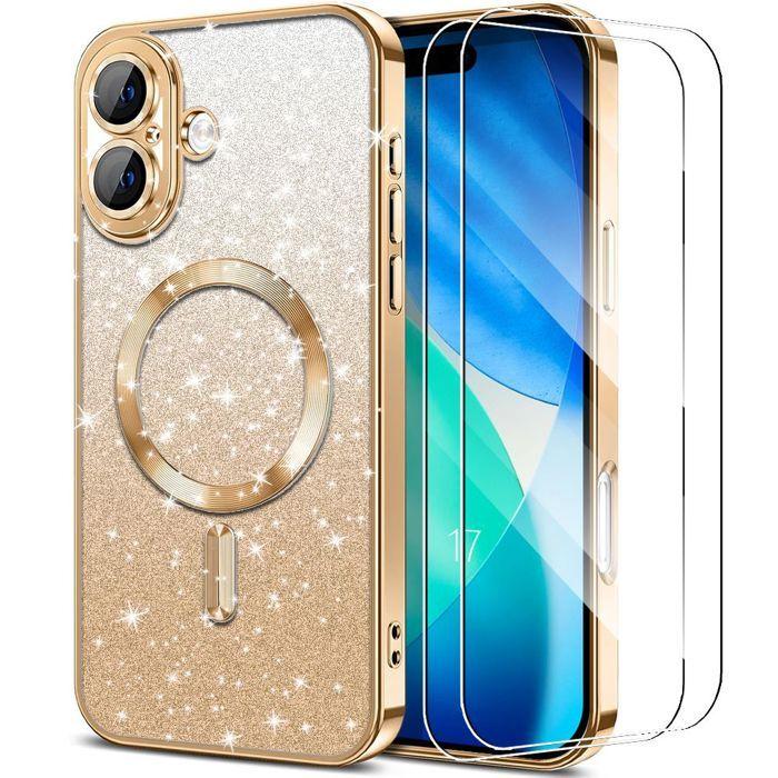 Coque de Protection - BOOLING - pour iPhone 17 - à Paillettes avec Cercle Magnétique Doré-2 Verre Trempé