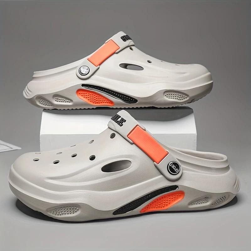 Men's Trendy Color Block Chunky Hollow Out Clogs, Comfy Non Slip Casual Durable Soft Sole EVA Slippers For Men's Outdoor Activities
