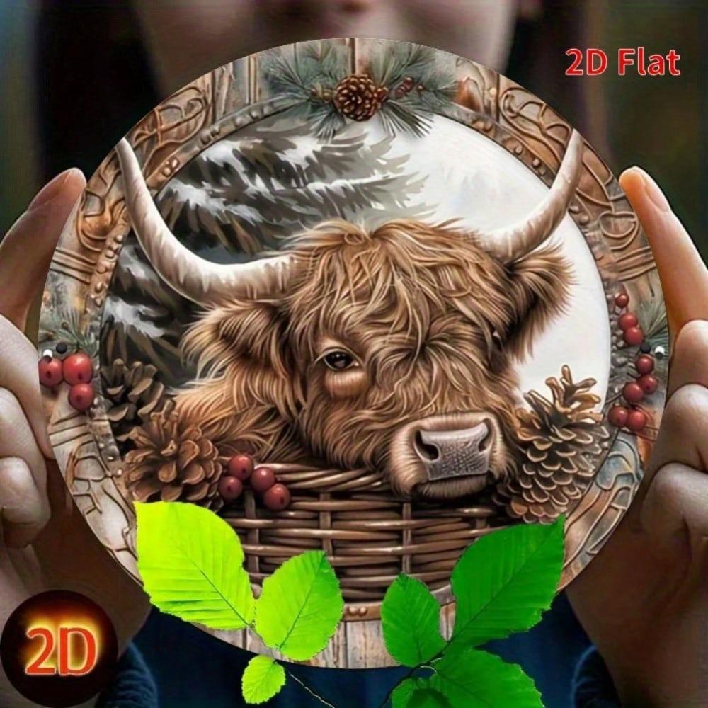 Vintage Highland Cow Metal Wall Art Christmas Wreath Sign Rustic Bohemian Decor