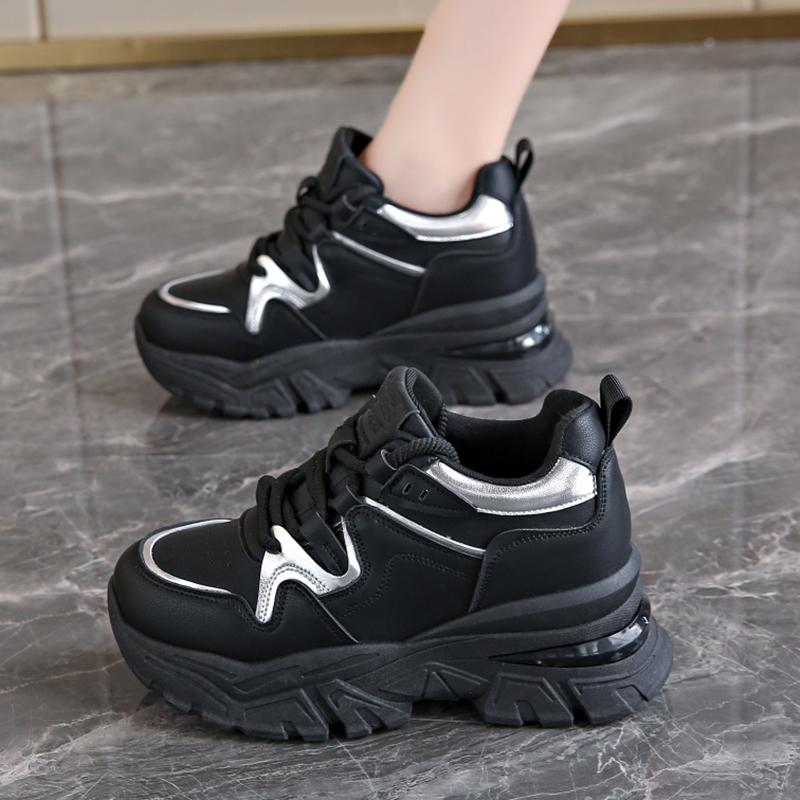 Mode Weiß Schwarz Plateau Sneaker für Damen 2024 Herbst Dicke Sohle Vulkanisierte Schuhe Frau PU Leder Rutschfeste Sportschuhe Damen