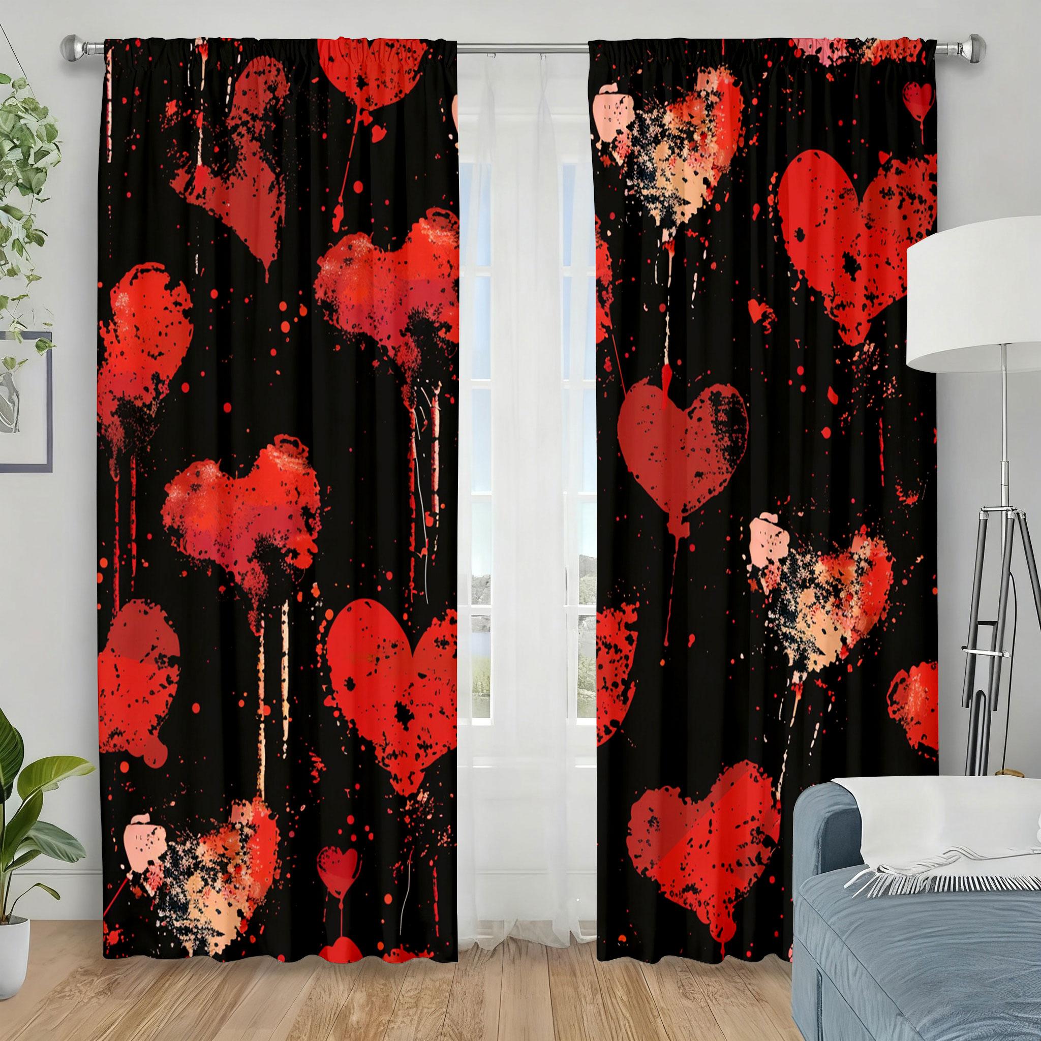 

Set Of 2 Red Black Splashed Ink Love Curtains Valentine Day Theme Living Room Bedroom Pull Window Decoration Curtain With Rod Pocket Polyester Perfect W100*H70(CM)-Hooks&2PCS