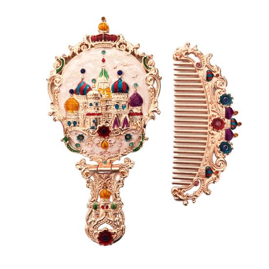 Vintage Folding Hand Mirror with Carved Comb Portable Travel Long Handle Metal Makeup Mirror Women Decorative Handheld Desk Vanity Mirror