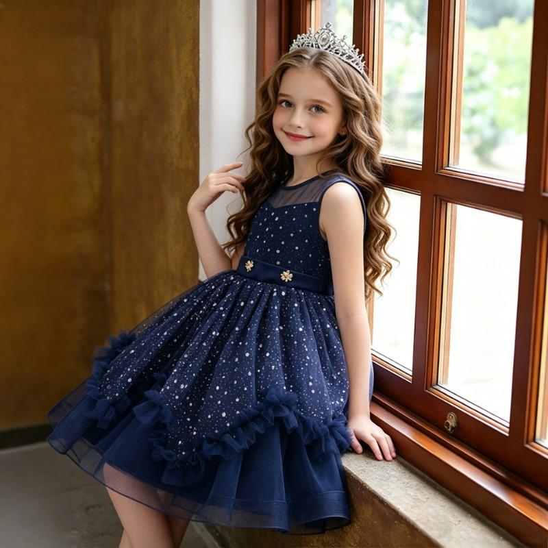 Girls Blue Princess Dress Sequined Tulle Puffy Gown For Wedding Party Host