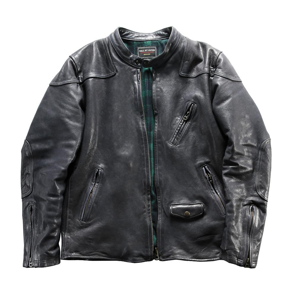 Heavy wash pleated full vegetable tanned sheepskin venom leather jacket locomotive leather jacket stand-up collar vintage men's leather jacket