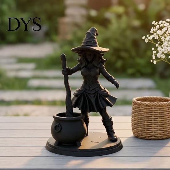 Matte Black Resin Craft Halloween Witch Cauldron Figurine, 3D Printed Spooky Statue with Pot, Fantasy Table Ornament Gothic Small Desktop for Tabletop