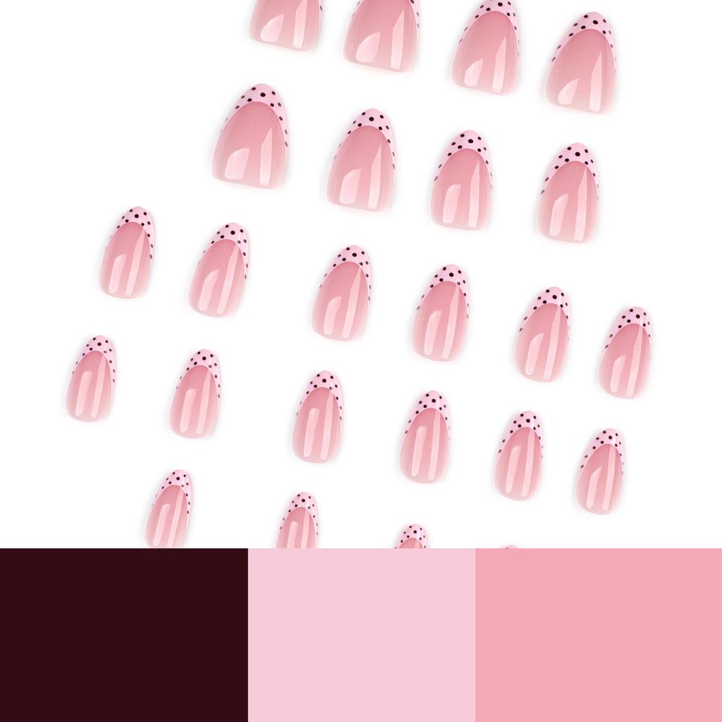 Polka Dot French Wearable Short Almond Fake Nails - Nail Art Tips