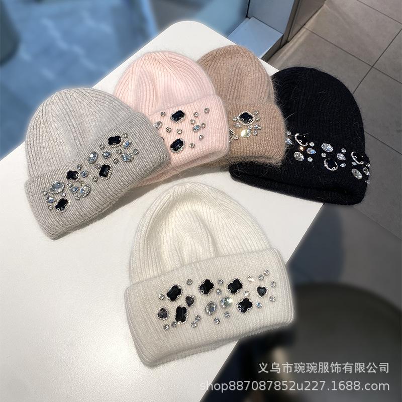 Trendy Fashion Rhinestone Wool Hat Women's Group Style Versatile Pullover Cold Hat Autumn and Winter Warm and Cold-proof Knitted Hat