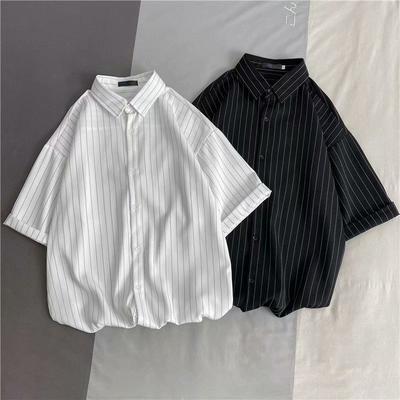 Summer Vintage Vertical Stripe Half Sleeve Shirt Men's Summer Couple Fashion Versatile Oversize Shirt