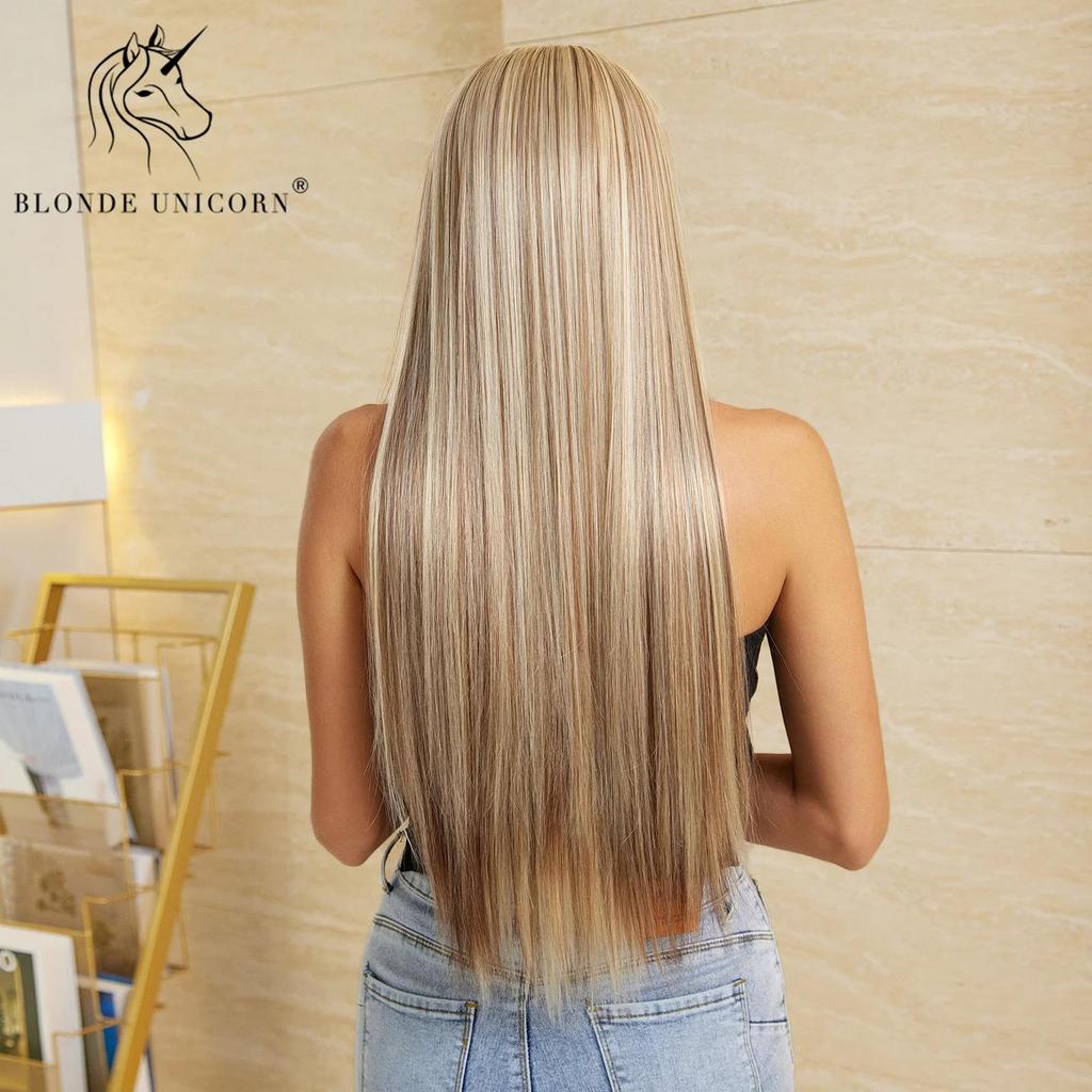 BLONDE UNICORN Blonde Headband Synthetic Wigs Long Straight Hair Wigs for Women Heat Resistant Fiber Daliy Party Use