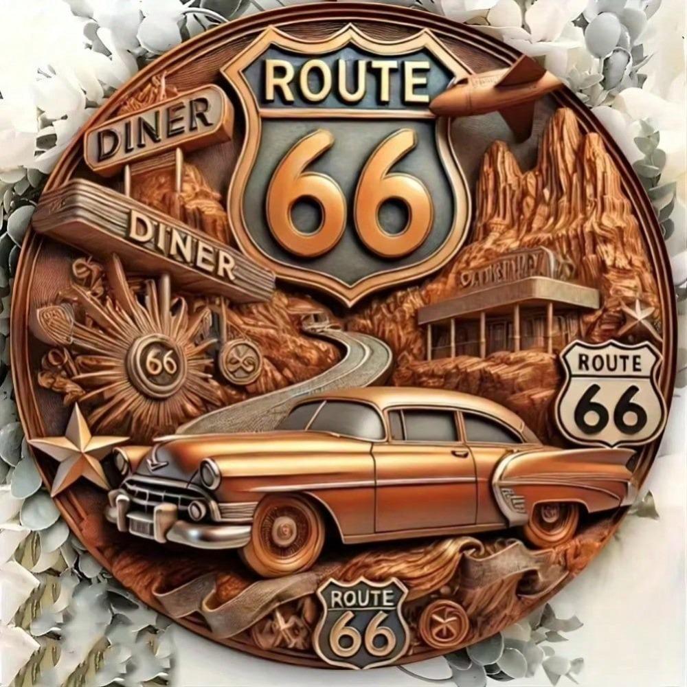 2D Vintage Route 66 Metal Sign, Retro Tin Plate Poster for Home Bar, Rustic Wall Art Decor for Cafe Club Garage