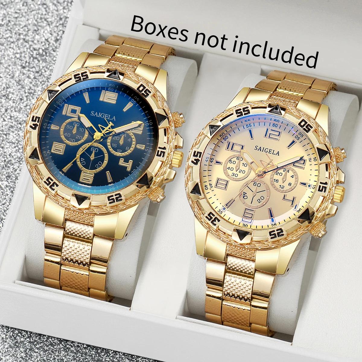 

2Pcs/Set Fashion Men s Watch Hip Hop Fake Three Eyes Round Case Steel Belt Quartz Watch Set (Box Not Included)