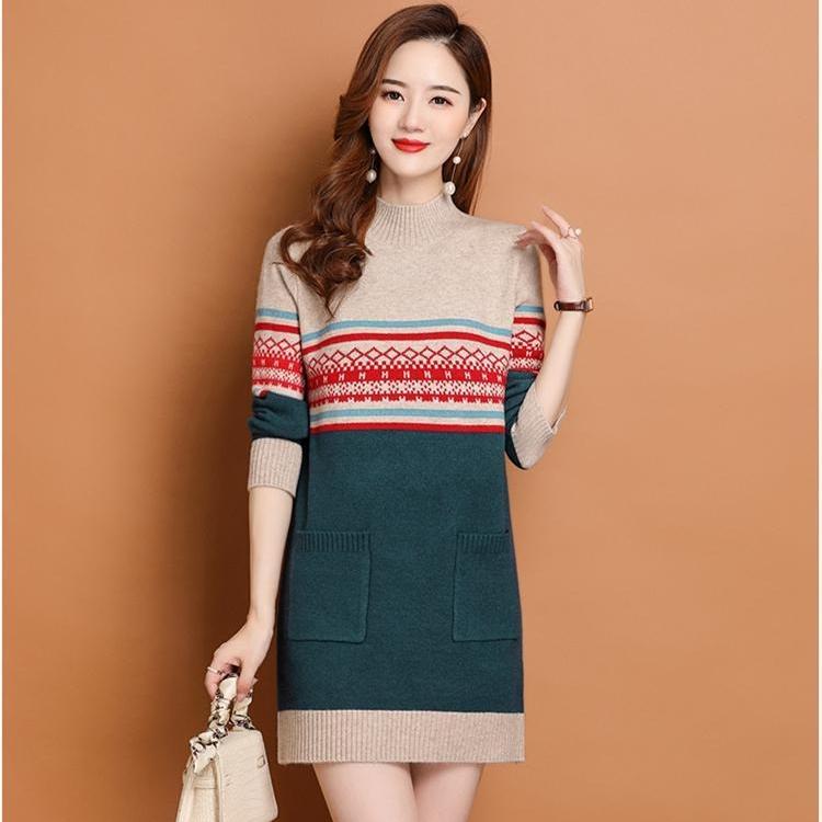 Half Turtleneck Sweater Women's Slim Mid-length Knitted Dress Warm Pullover Autumn and Winter
