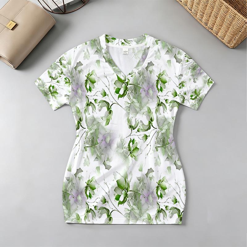 Women's Floral V-Neck Short Sleeve Slim Fit Bodycon Mini Dress - Soft Comfy, Ideal for Beach, Daily Wear & Short Trips