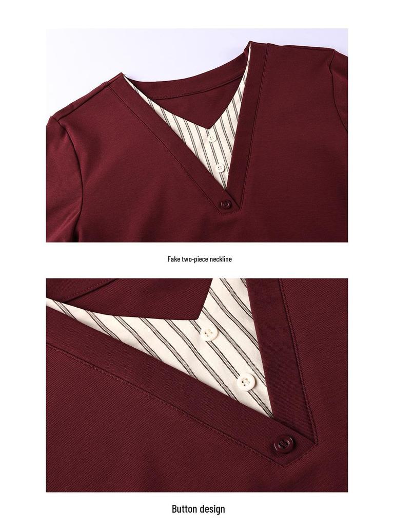 Women's V-Neck Layered Long-Sleeve T-Shirt: New 2026 Spring Style, Regular Fit, Fashionable Base Layer.