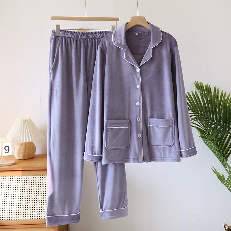 Women's Winter Fleece Pajama Set - Warm Cardigan, Long Sleeves, Side Pockets, Can Be Worn Outside in Spring and Autumn