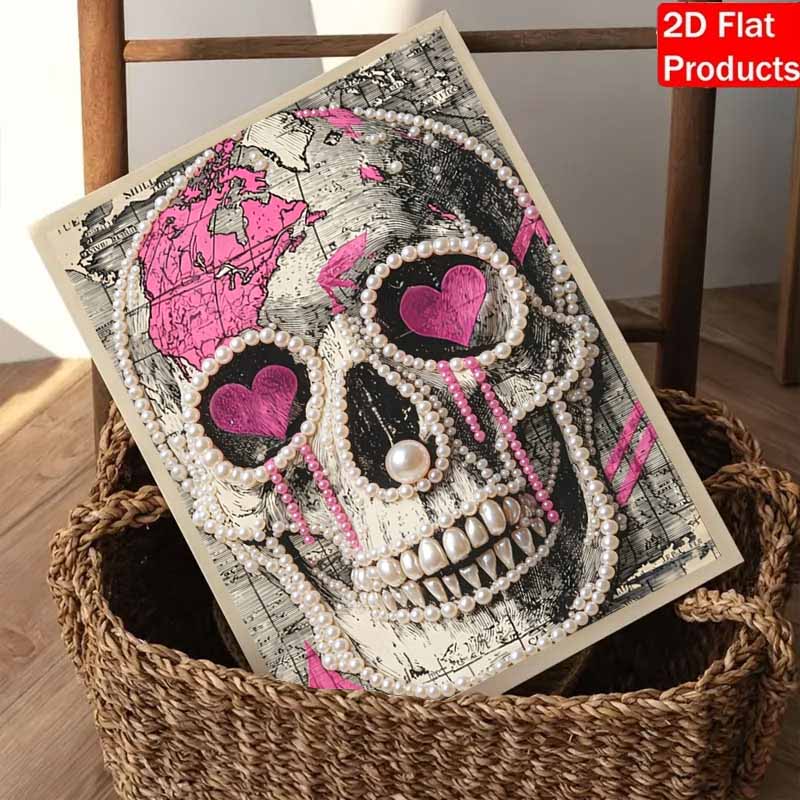DIY Pearl Bead Art Canvas Pink Heart Skull Map Pattern Frameless 3D Painting Kit for Bedroom Living Room Wall Decor Home Art Gift