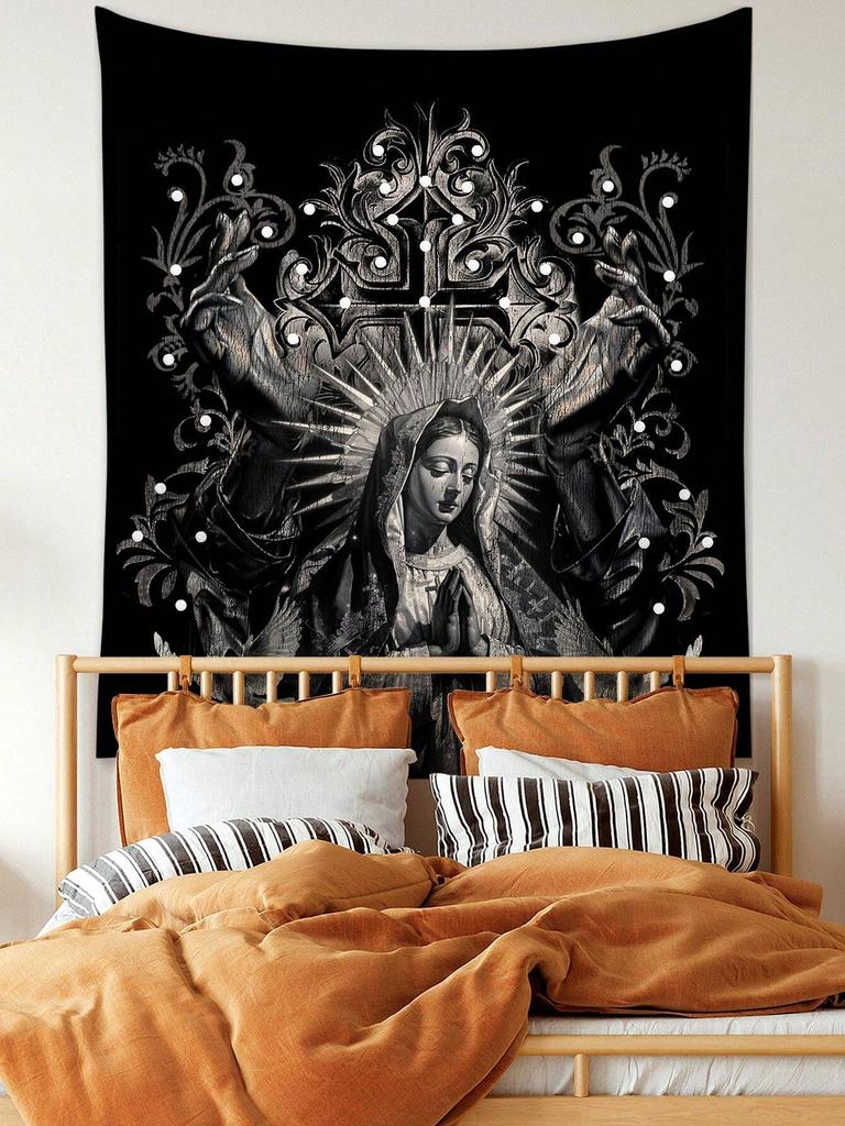 1 Virgin Mary Gothic Tapestry Single Sided 2D Print Sacred Wall Hanging Home Prayer Room Living Room Bedroom Serene Vibe Decor