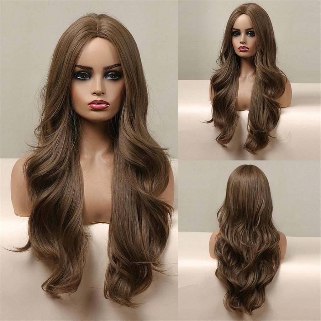 Long Wavy Synthetic Wigs for Black Women Dark Brown Wig Natural Middle Parting Wavy Daily Cosplay Hair Heat Resistant