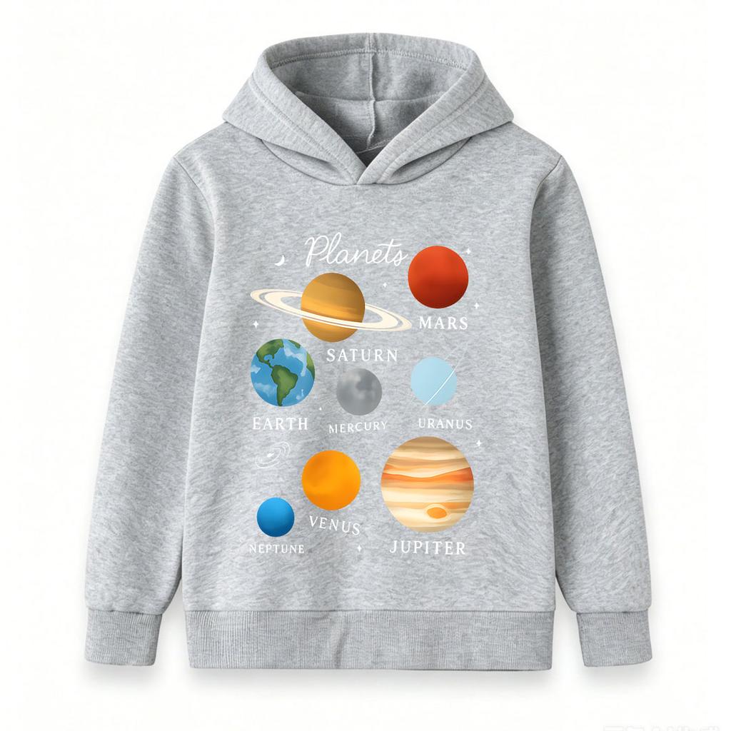 Kids Boys Girls Pullover Hoodie, Cute Solar System Planets Graphic Casual Long Sleeve Hooded Sweatshirt for Astronomy Space Lover Children Daily Wear