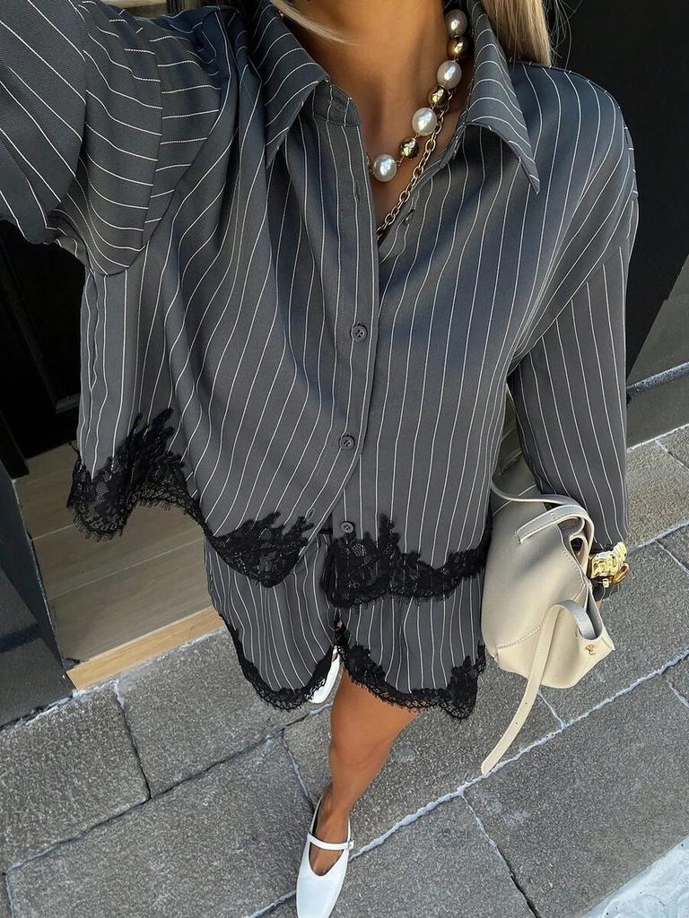 Women Lace Splicing Striped Long Sleeve Shirt And Drawstring Shorts Two Piece Set
