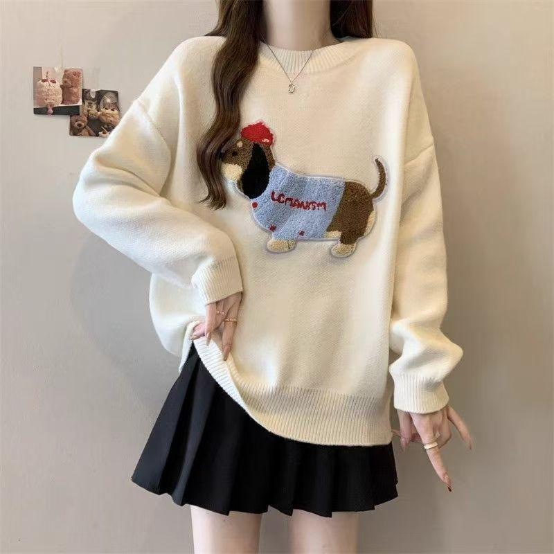 Sausage Dog Embroidered Cozy Knit Sweater: Trendy Cartoon Design, High-Grade Round Neck for Fall/Winter