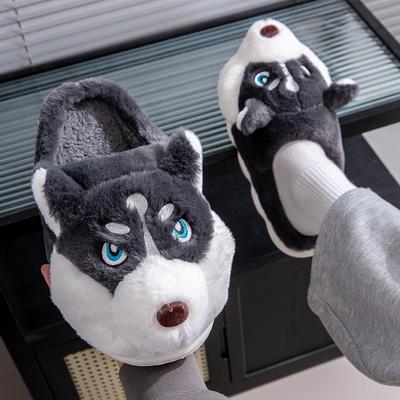 New Unisex Husky Cartoon Slippers Winter Plush Lined Anti-Slip Indoor Home Shoes Warm Comfortable Couples Fuzzy House Booties