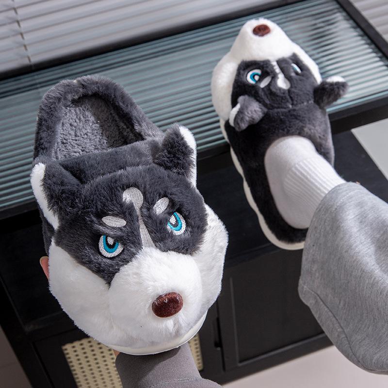 Fashion New Unisex Husky Cartoon Slippers Winter Plush Lined Anti-Slip Indoor Home Shoes Warm Comfortable Couples Fuzzy House Booties