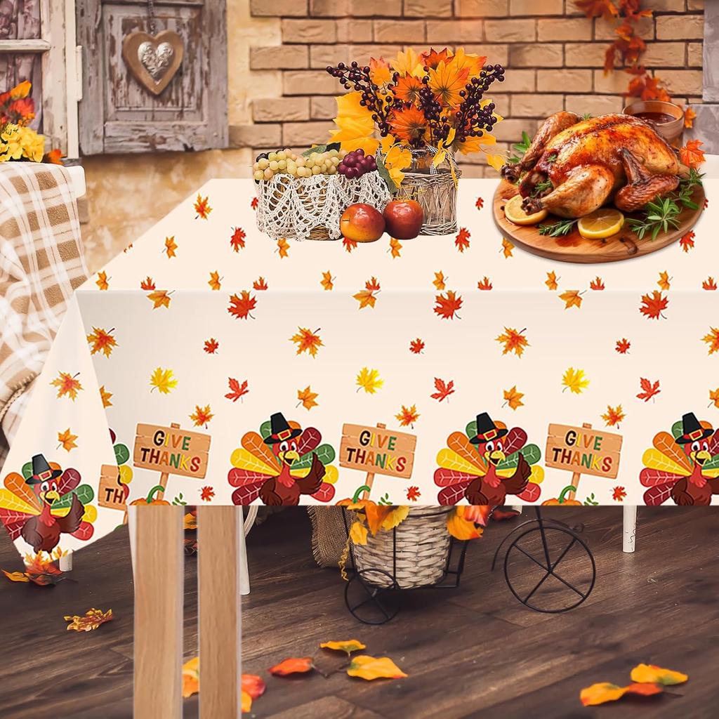 2PCS Thanksgiving Turkey Tablecloth Set, Disposable Plastic Rectangle Table Cover for Holiday Dining Decor, Festive Autumn Leaves Fall Theme, 54" X