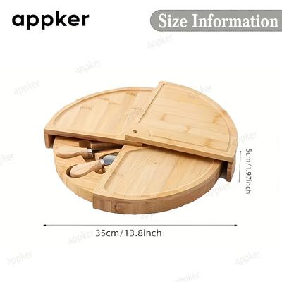 Rotating Bamboo Cheese Board Set with Knives Round Wooden Cutting Board for Cheese, Steak, Bread Serving