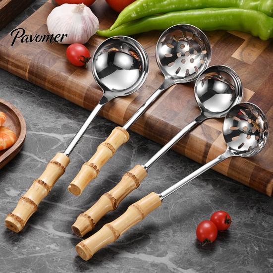 Heat Resistant Bamboo Handle Spoons Stainless Steel Hot Pot Spoon/Colander, Handles Comfortable Grip Soup Spoon, Easy Cleaning Mirror Polished Serving